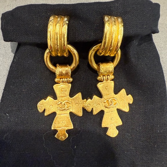 CHANEL Vintage Gold Cross Dangle Earrings